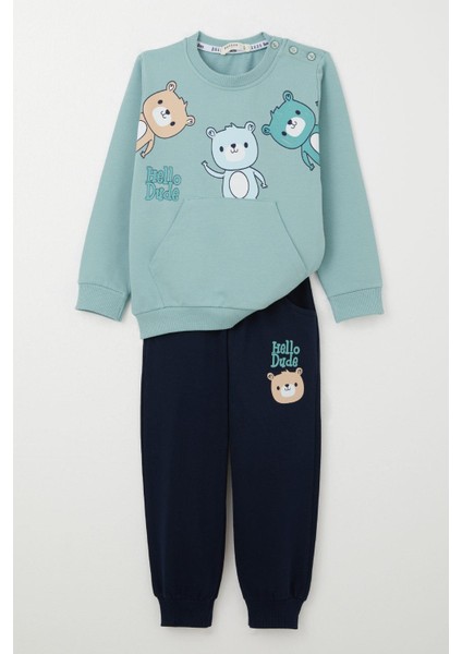 Erkek Bebek Eşofman Takım Kanguru Cepli Dost Ayıcıklar Baskılı 9 Ay-3 Yaş, Su Yeşili