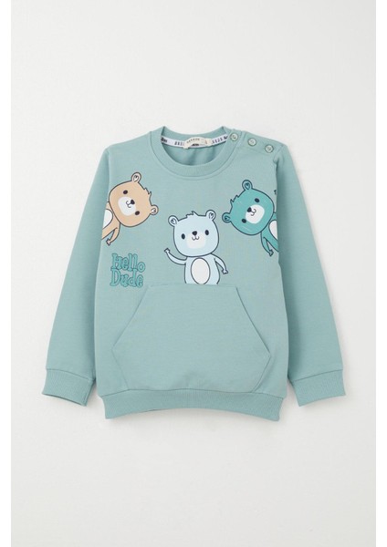 Erkek Bebek Eşofman Takım Kanguru Cepli Dost Ayıcıklar Baskılı 9 Ay-3 Yaş, Su Yeşili fiyatları