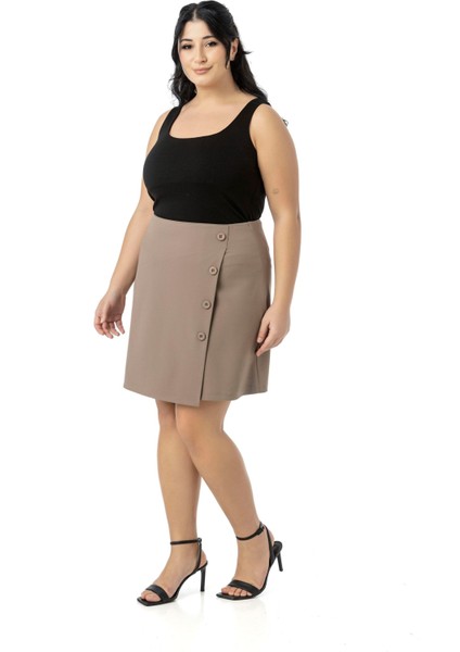 Büyük Beden Önü Çift Katlı Süs Düğme Detaylı Fermuar Kapamalı Mini Vizon Etek fırsatları