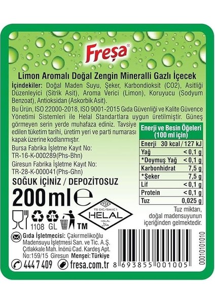 Limon Aromalı Maden Suyu 200 ml x 6 Adet