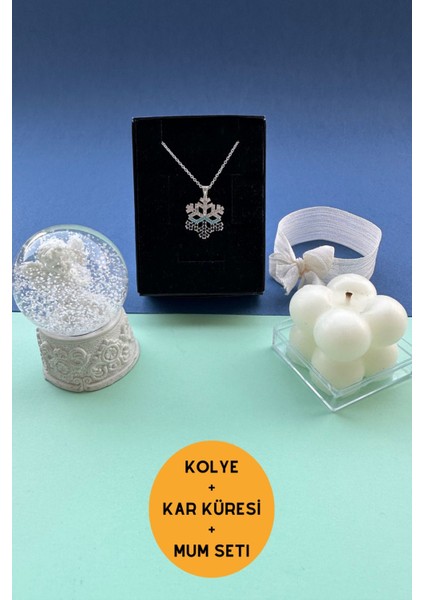Kar Tanesi Kolye Kar Küresi Mum Seti Zirkon Taşlı Kar Tanesi Doğum Günü Hediyesi Sevgiliye Arkadaşa