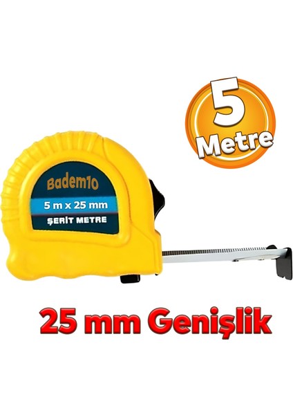 Şerit Metal Bükülebilir Metre 5 Metre En 25 mm Düğmeli Ölçüm Ölçme Plastik Kasalı Yüksek Kalite