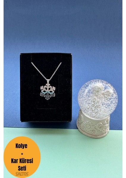 Kar Tanesi Kolye ve Kar Küresi Seti Gümüş Renkli Doğum Günü Hediyesi Sevgiliye Hediye Yılbaşı Seti
