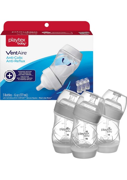 Baby™ Ventaire® Yenidoğan Bebek Biberonu, Kolik ve Gaz Önleyici Tasarım, 178 ml, 0+ Ay,Yavaş Akış, 3 Adet