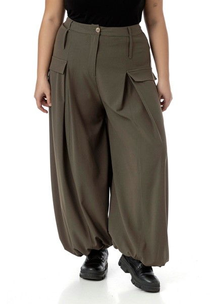 Büyük Beden Şalvar Kesim Beli Arkadan ve Paçası Lastikli Derin Plikaşe Detaylı Haki Pantolon