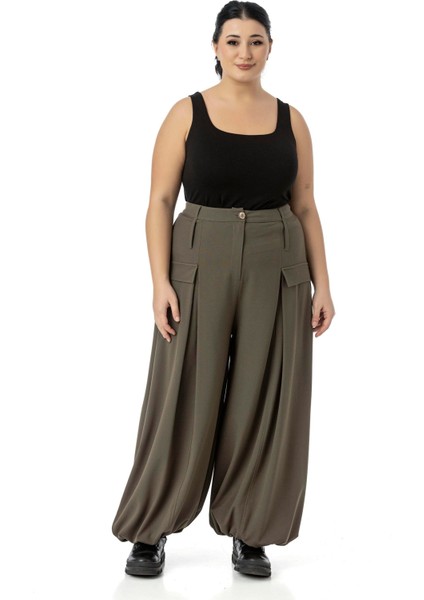Büyük Beden Şalvar Kesim Beli Arkadan ve Paçası Lastikli Derin Plikaşe Detaylı Haki Pantolon fiyatları