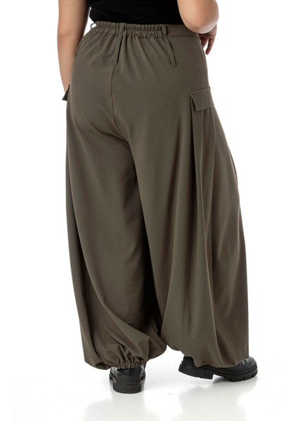 Büyük Beden Şalvar Kesim Beli Arkadan ve Paçası Lastikli Derin Plikaşe Detaylı Haki Pantolon modelleri