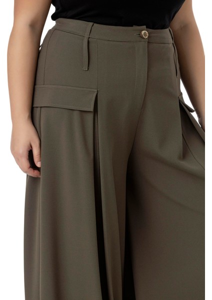Büyük Beden Şalvar Kesim Beli Arkadan ve Paçası Lastikli Derin Plikaşe Detaylı Haki Pantolon fırsatları