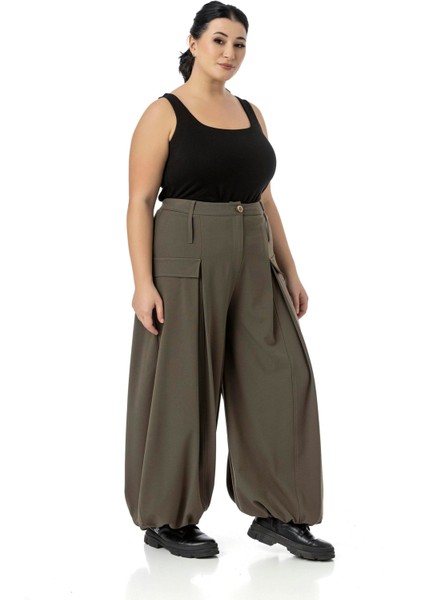 Büyük Beden Şalvar Kesim Beli Arkadan ve Paçası Lastikli Derin Plikaşe Detaylı Haki Pantolon indirimleri