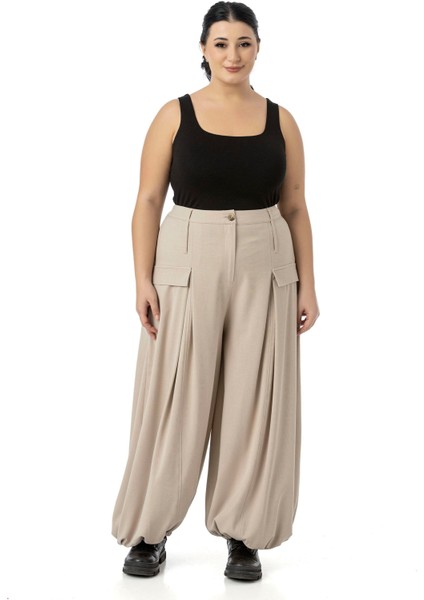 Büyük Beden Şalvar Kesim Beli Arkadan ve Paçası Lastikli Derin Plikaşe Detaylı Bej Rengi Pantolon fiyatları