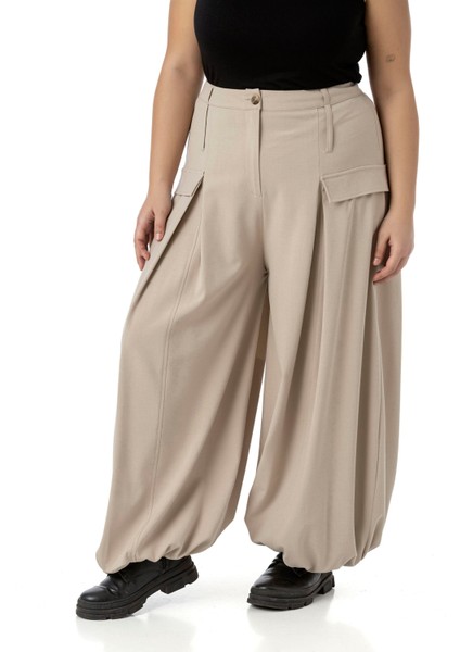 Büyük Beden Şalvar Kesim Beli Arkadan ve Paçası Lastikli Derin Plikaşe Detaylı Bej Rengi Pantolon indirimleri