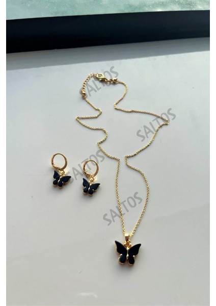 Siyah Kelebekli Gold Kolye Küpe Doğum Günü Hediyesi Sevgiliye Kelebek Kadın Gold Kolye Küpe Hediyesi