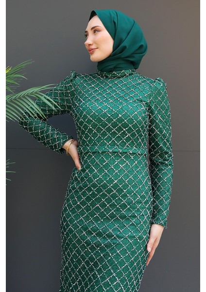 Simli Kare Desen Elbise Zümrüt