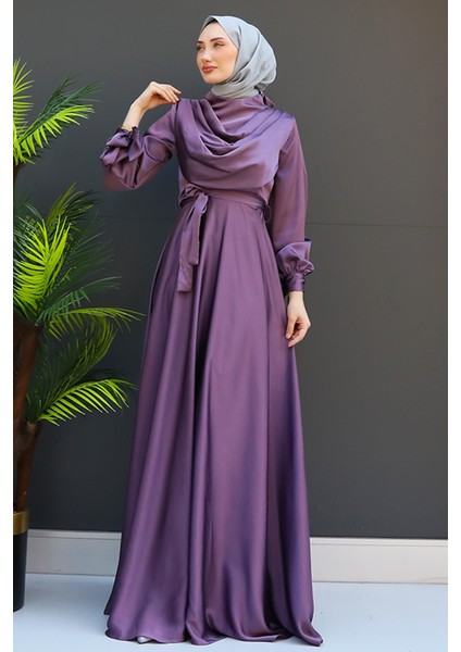 Kol Bağlamalı Degaje Abiye Koyu Lila