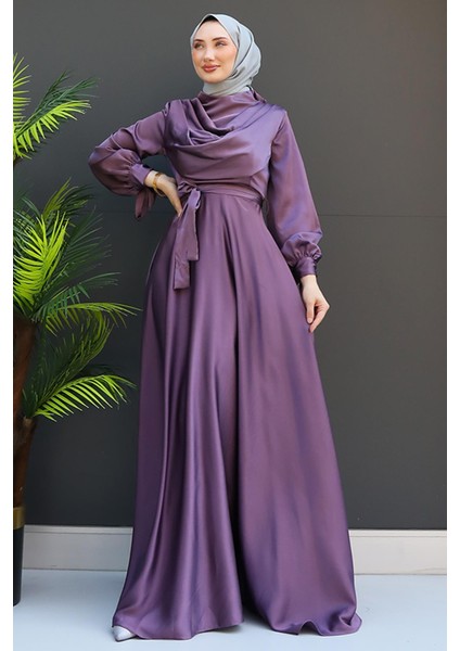 Kol Bağlamalı Degaje Abiye Koyu Lila modelleri