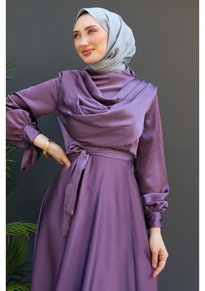 Kol Bağlamalı Degaje Abiye Koyu Lila indirimleri