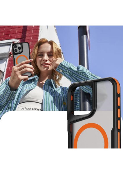 BLS Store iPhone 15 Pro Max Uyumlu Magsafe Şarj Özellikli Renkli Kenar Airbag Şeritli Lamer Kapak-Siyah indirimleri