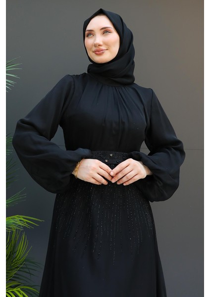 Taşlı Janjan Elbise Siyah