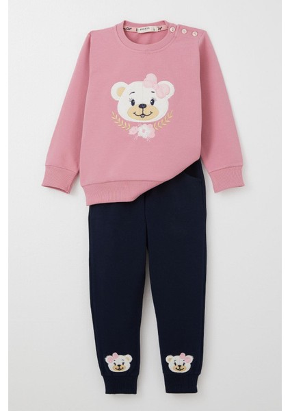 Kız Bebek Eşofman Takım Sevimli Ayıcık Nakışlı Çiçekli 9 Ay-3 Yaş, Gülkurusu