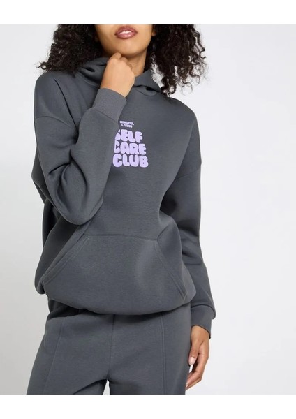 Kadın Kapşonlu/Kapüşonlu Içi Polar Uzun Kollu Baskılı Hoodie Sweatshirt