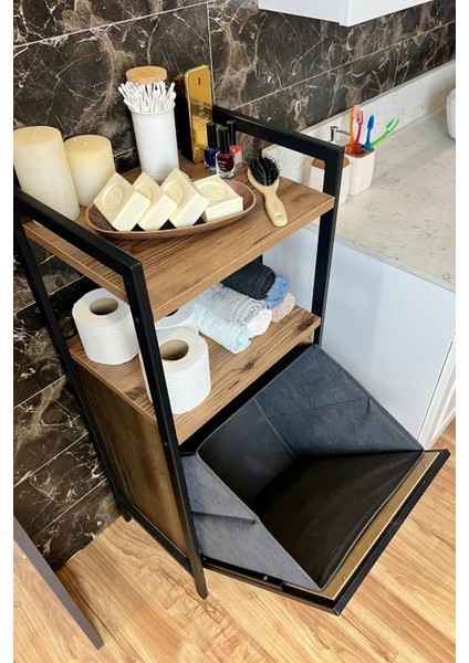 Kirli Çamaşır Sepeti Metal Ahşap Banyo Düzenleyici Kirli Sepeti Banyo Dolabı Organizeri Banyo Rafı