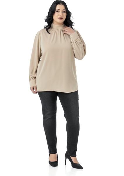 Büyük Beden Yakası Arkadan Düğmeli Dik Yaka Dökümlü Siyah Bluz fiyatları