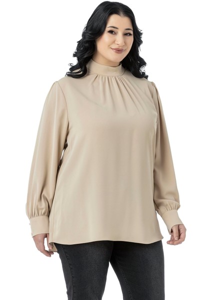 Büyük Beden Yakası Arkadan Düğmeli Dik Yaka Dökümlü Siyah Bluz indirimleri