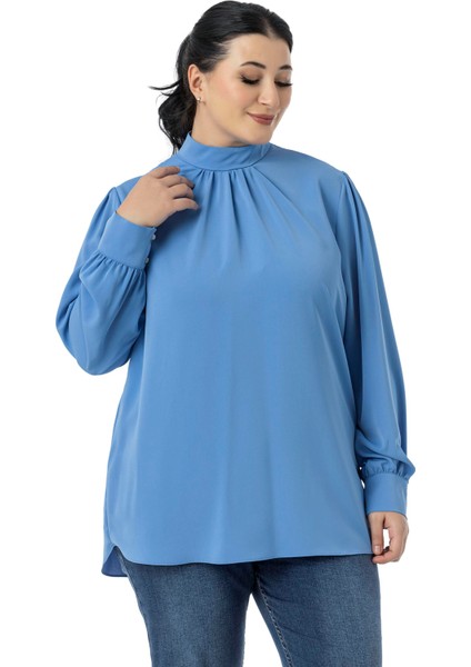 Büyük Beden Yakası Arkadan Düğmeli Dik Yaka Dökümlü Siyah Bluz