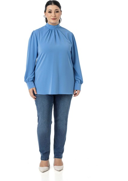 Büyük Beden Yakası Arkadan Düğmeli Dik Yaka Dökümlü Siyah Bluz fiyatları