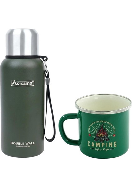 Çelik Termos 0.50 Lt Yeşil OUT-5000+EMAYE Camping 330 ml Kupa OUT-1900 Yeşil ORC-066-B-Y2