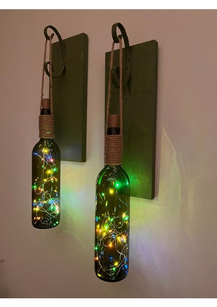 Renkli Tıpa Peri LED Işıklı Yeşil Ahşap Retro Yeşil Şarap Şişesi Duvar Aplik 2'li Set modelleri