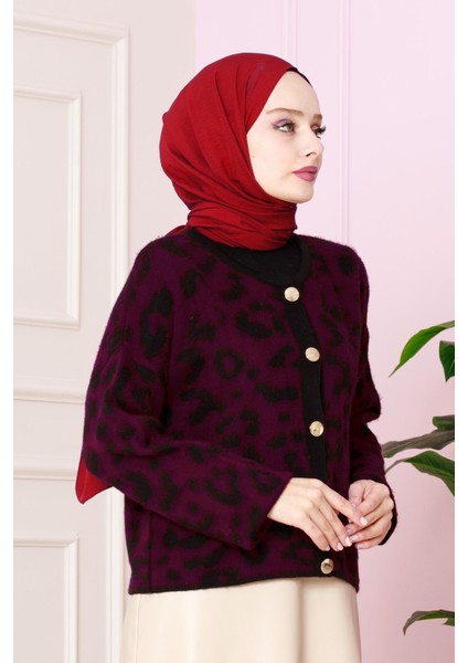 Leopar Kısa Hırka -Bordo