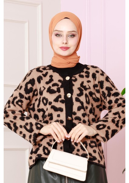 Leopar Kısa Hırka -Vizon