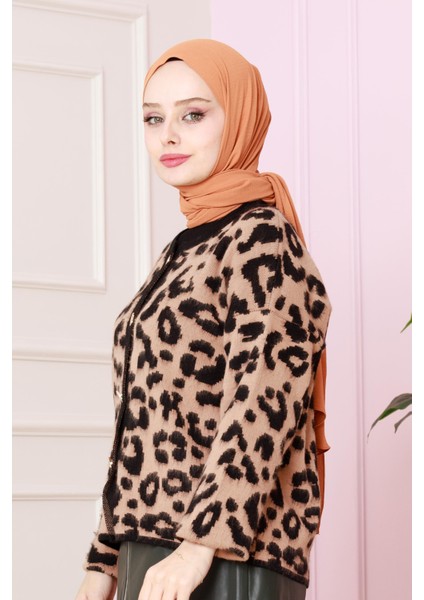 Leopar Kısa Hırka -Vizon