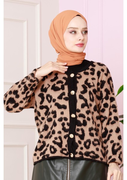 Leopar Kısa Hırka -Vizon