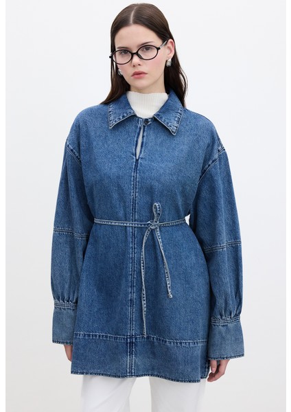 Geniş Manşetli Denim Gömlek Mavi