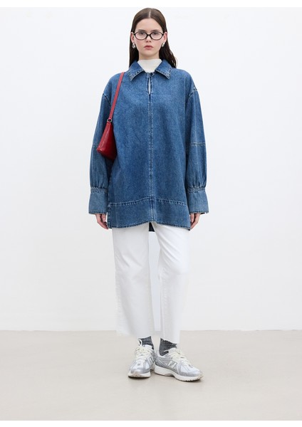 Geniş Manşetli Denim Gömlek Mavi