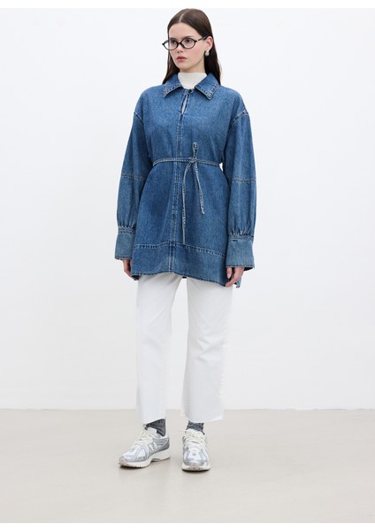 Geniş Manşetli Denim Gömlek Mavi