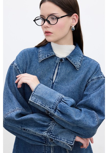 Geniş Manşetli Denim Gömlek Mavi