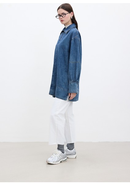 Geniş Manşetli Denim Gömlek Mavi