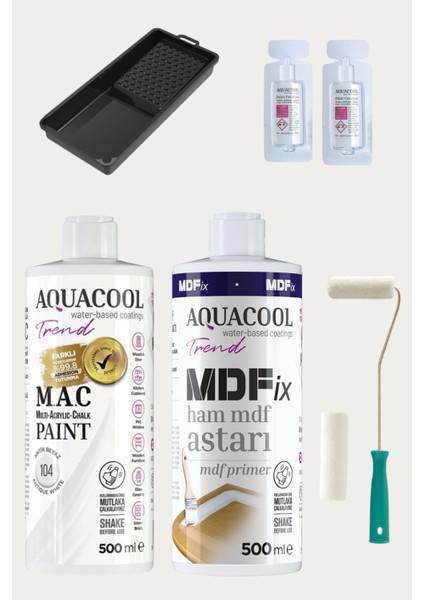 Akrilik Hobi Boya 104 Antik Beyaz 500 ml + Mdf Astar 500 ml Rulo Katalizör Ahşap Boyama Set