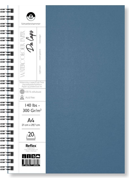 Schoellershammer Da Capo Cold Press Sert Kapak Suluboya Defteri 300 Gr. A4 20 Yaprak Mavi