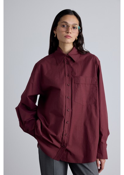 Pile Detaylı Oversıze Gömlek Bordo
