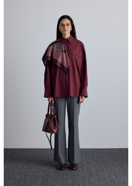 Pile Detaylı Oversıze Gömlek Bordo