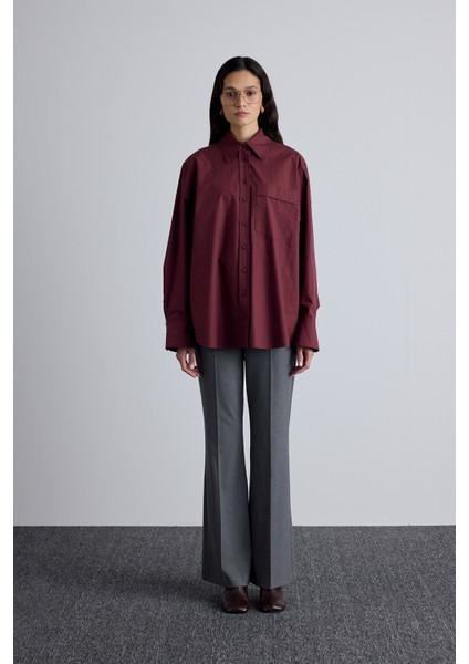 Pile Detaylı Oversıze Gömlek Bordo modelleri