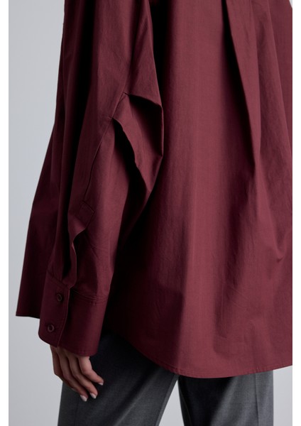 Pile Detaylı Oversıze Gömlek Bordo indirimleri