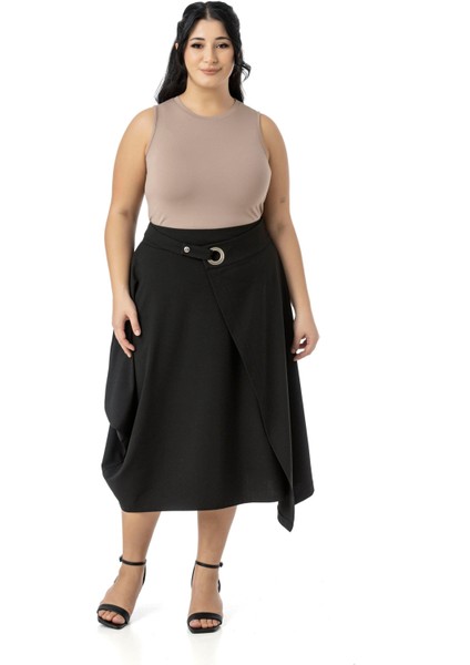 Büyük Beden Asimetrik Kesim Kuşgözü Detaylı Tek Cepli Midi Siyah Etek