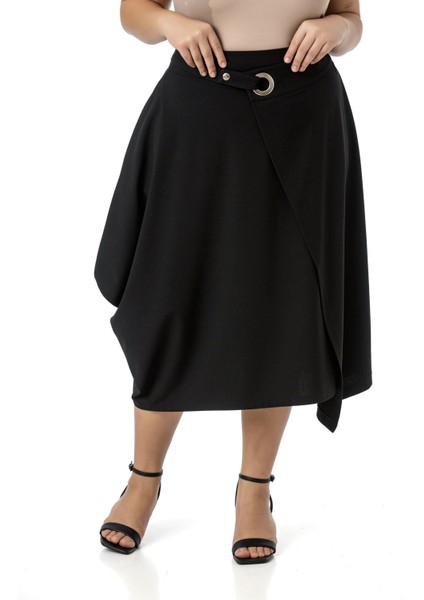 Büyük Beden Asimetrik Kesim Kuşgözü Detaylı Tek Cepli Midi Siyah Etek fiyatları