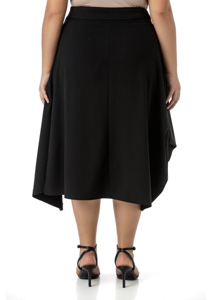 Büyük Beden Asimetrik Kesim Kuşgözü Detaylı Tek Cepli Midi Siyah Etek modelleri