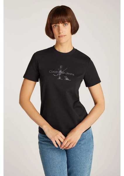 Kadın Glossy Monologo Regular T-Shirt - Siyah